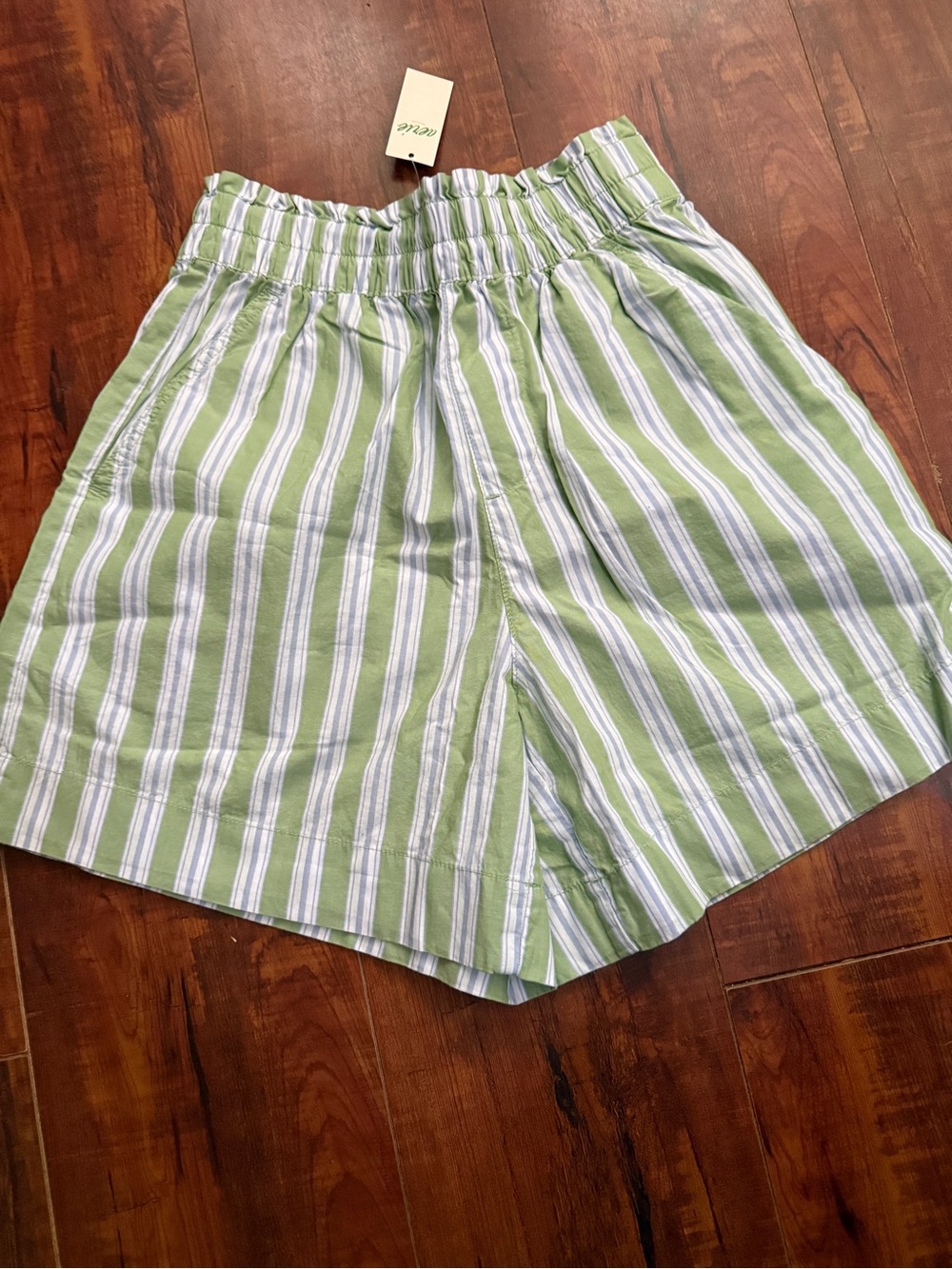 aerie Green & White Striped Elastic Waist Shorts